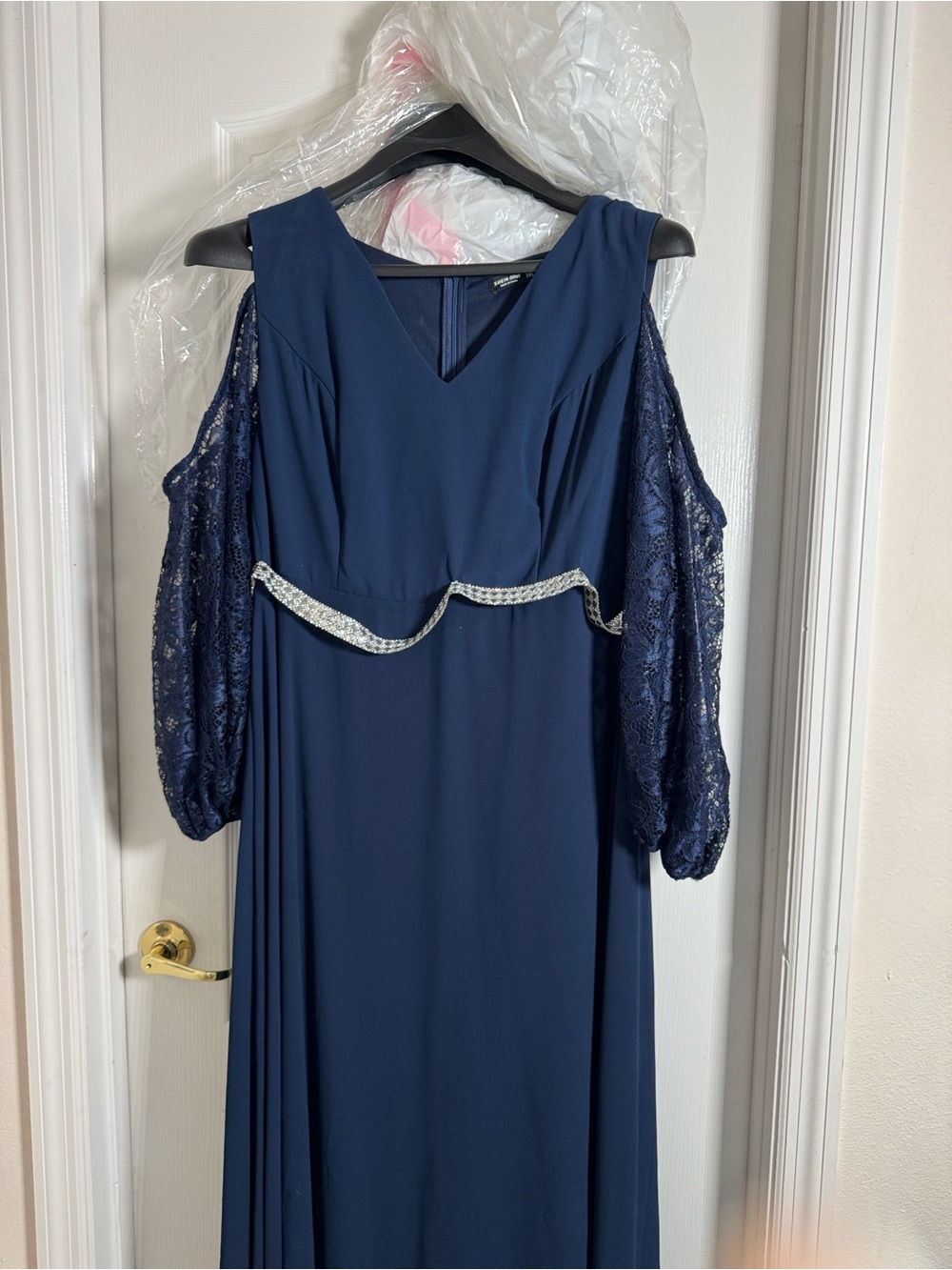 SHEIN Navy Cold-Shoulder Lace Sleeve Evening Gown with removable Beaded Waist